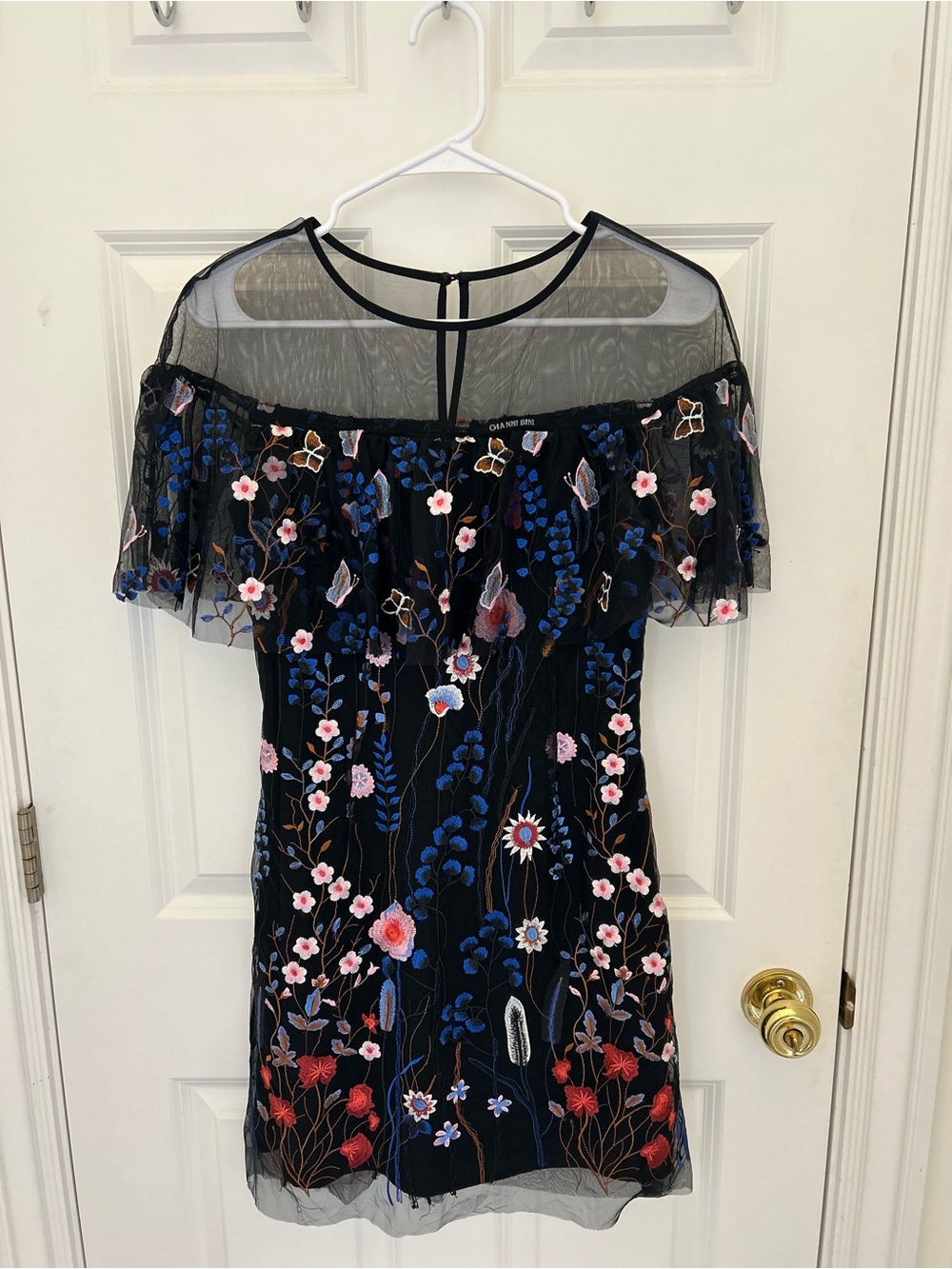 Gianni Bini Black Mesh Mini Dress with Multicolor Floral Embroidery